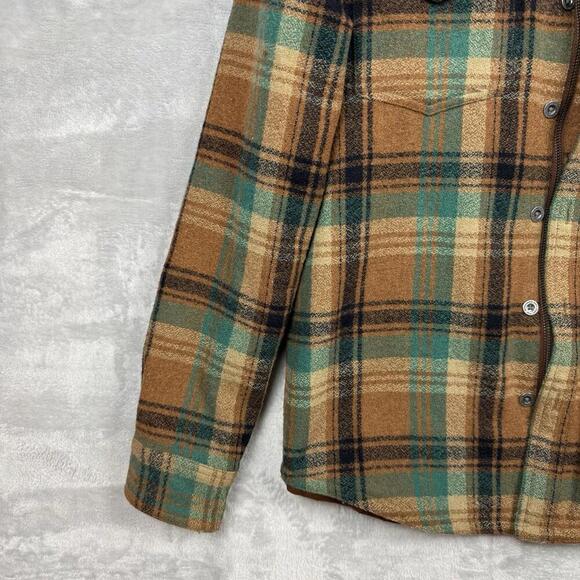 prAna Plaid Flannel Shirt Jacket Brown Green Men Sz S Button Front Lined Casual - Picture 6 of 10